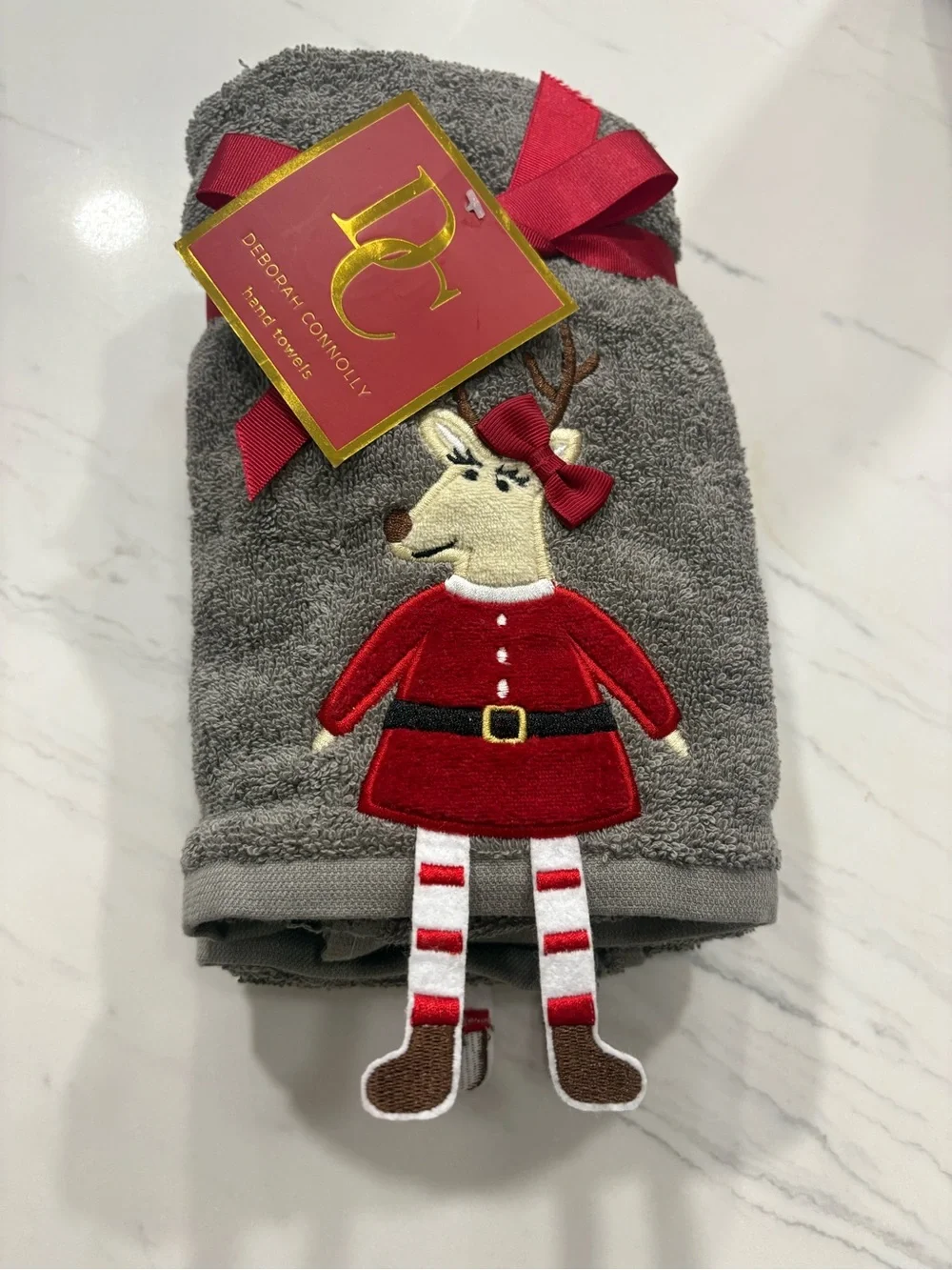 Gray Holiday Reindeer Hand Towel with Red Accent